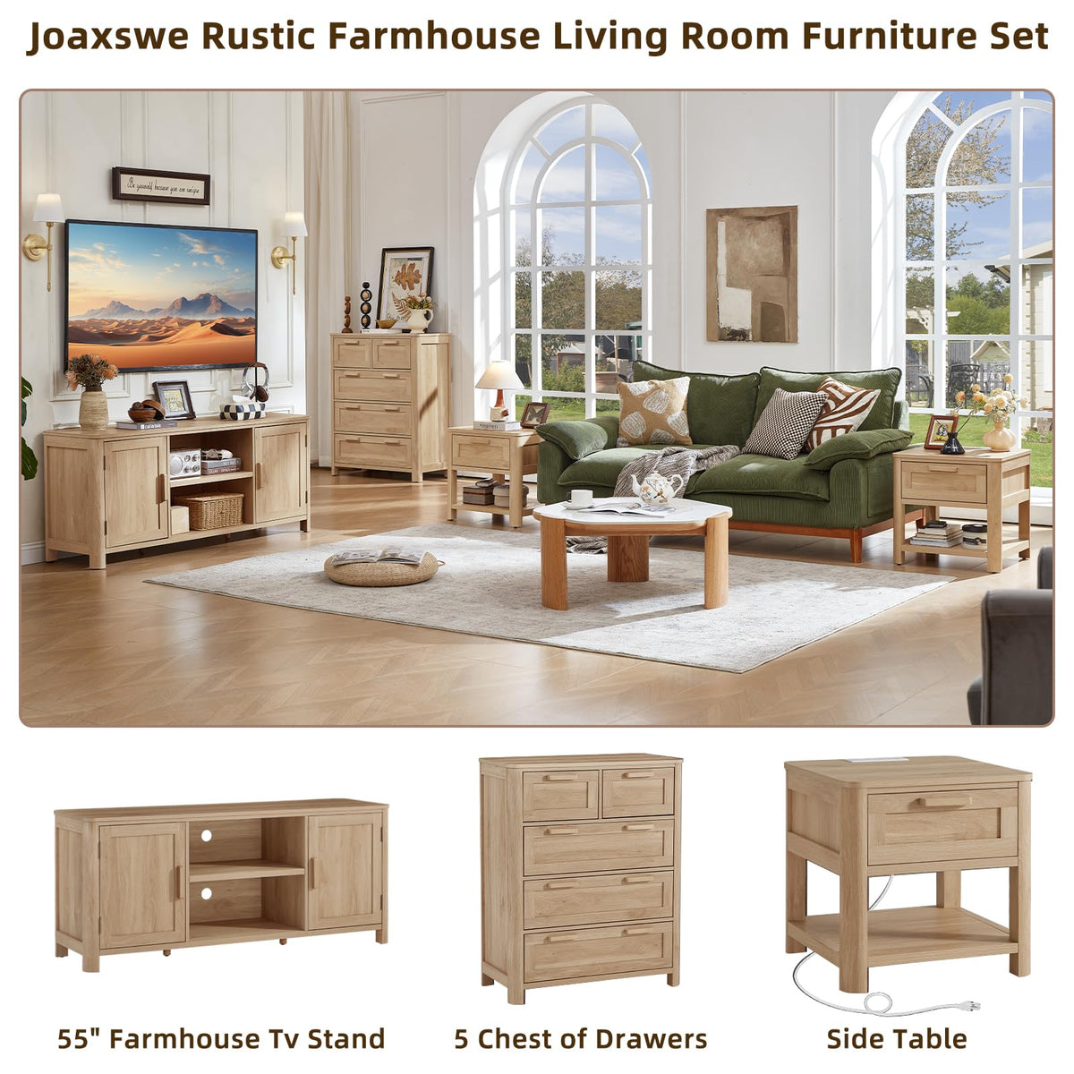 Joaxswe Farmhouse 55" Natural Oak Tv Stand, Tv Consoles for Living Room