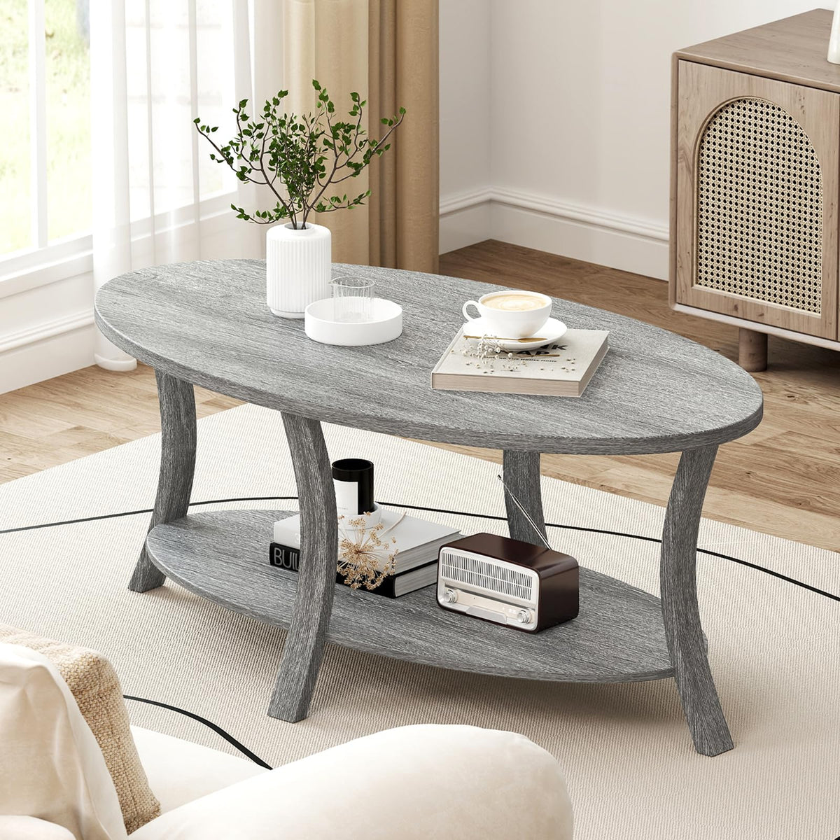 Gray Oval Coffee Table with Storage