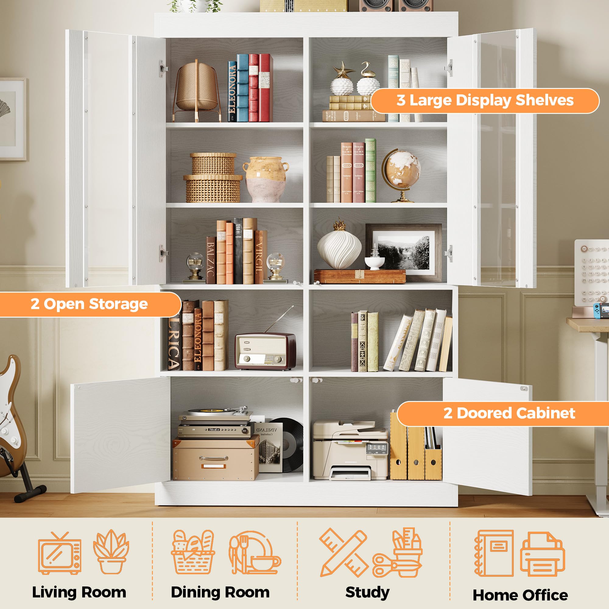 IRONCK Bookshelves and Bookcases with Doors, 71 Inch Tall Bookshelf with Storage, Book Shelf with 4 Cabinets, Display Shelves with Acrylic Doors for Living Room, Home Office