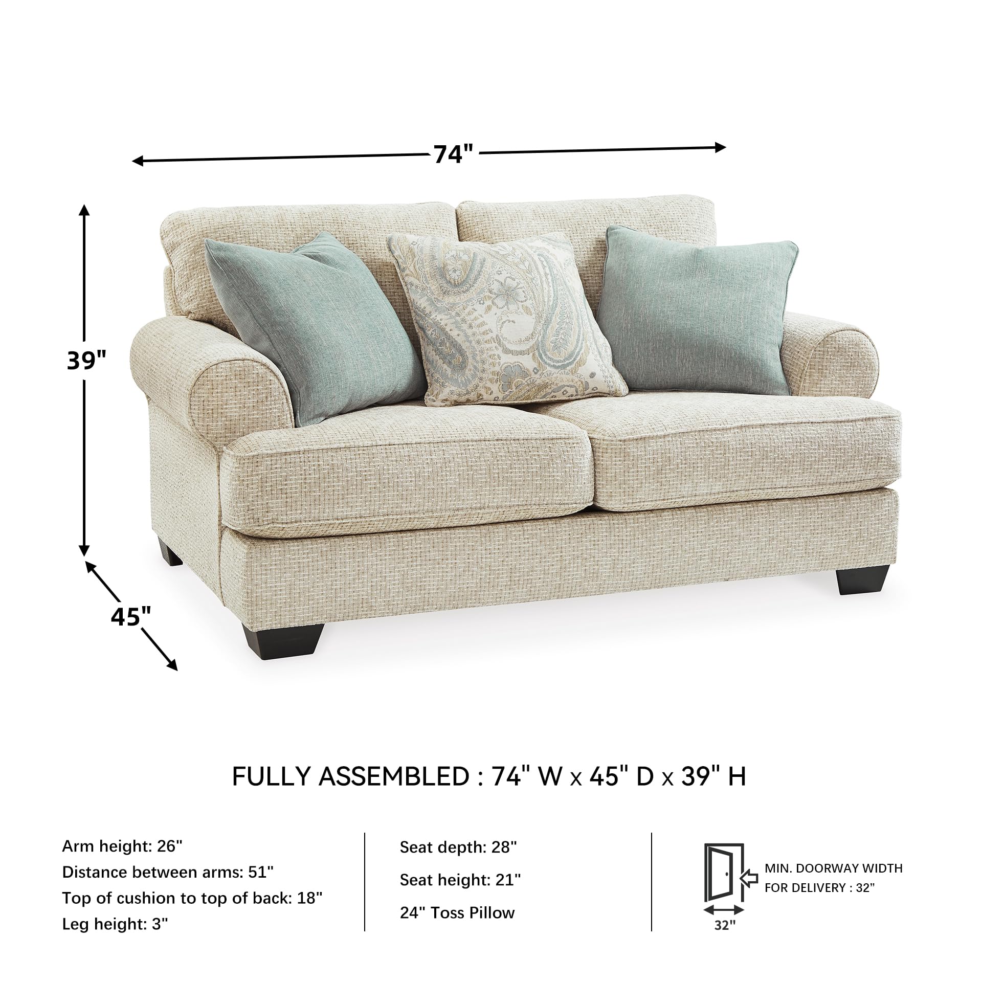 Chenille Loveseat with Rolled Arms, Reversible Cushions & Accent Pillows