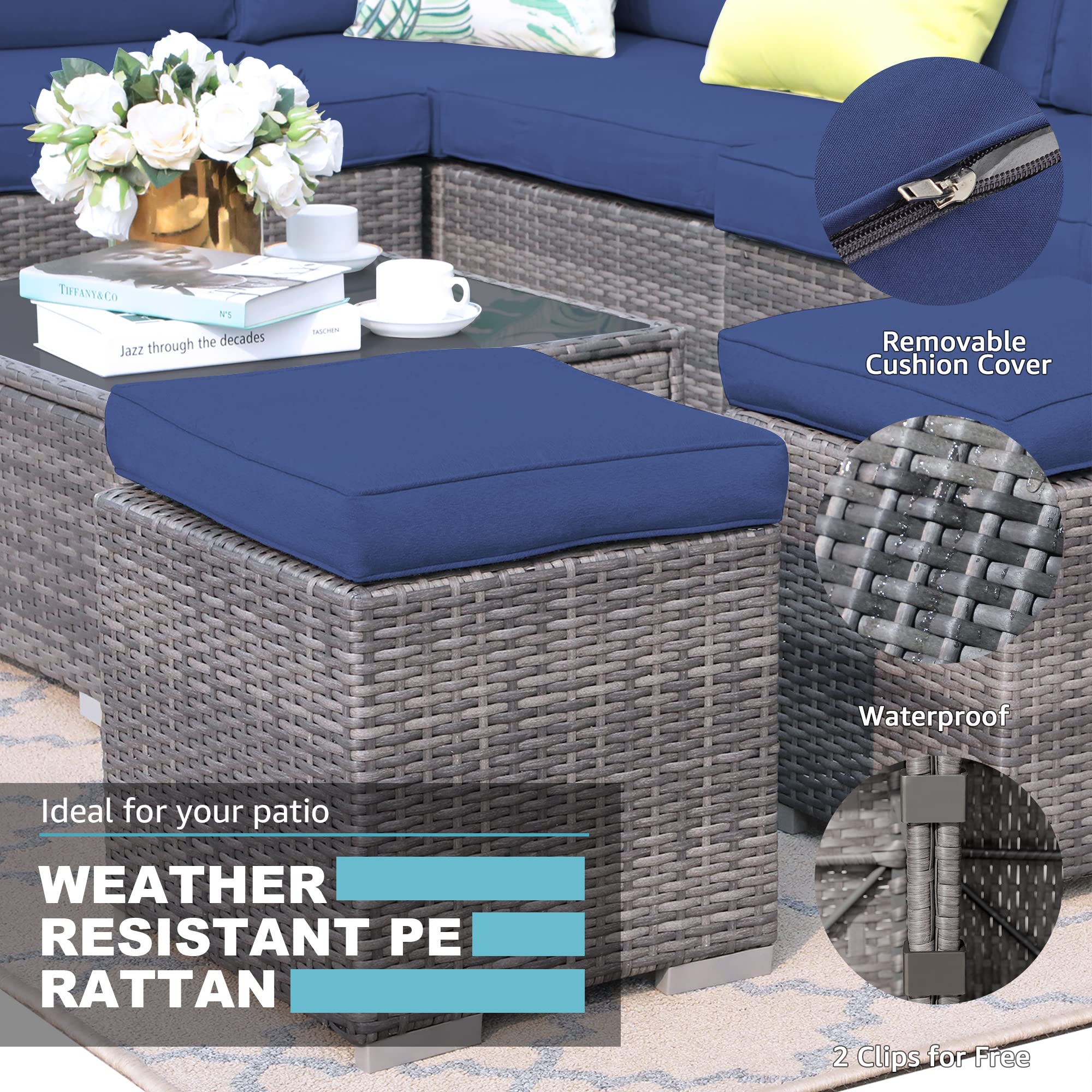 Outdoor Wicker Ottoman Set of 2 with Cushions