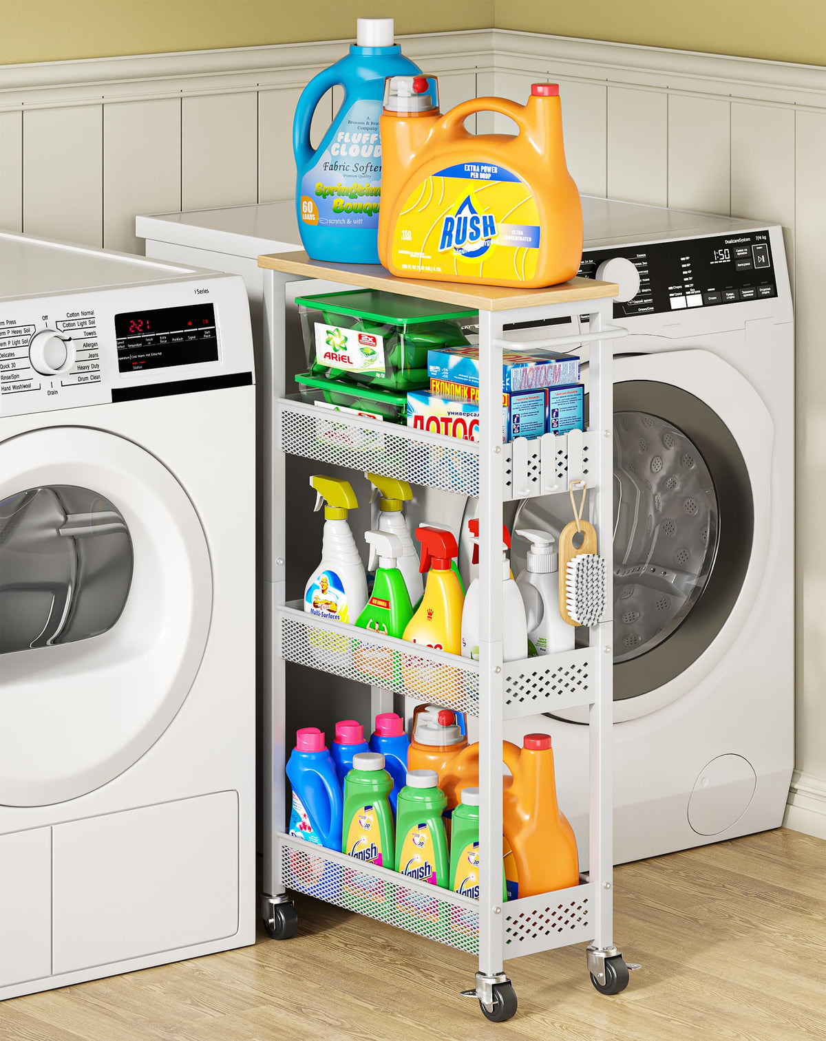 OKZEST Slim Laundry Room Organization Cart with Upgraded Metal Hub Casters