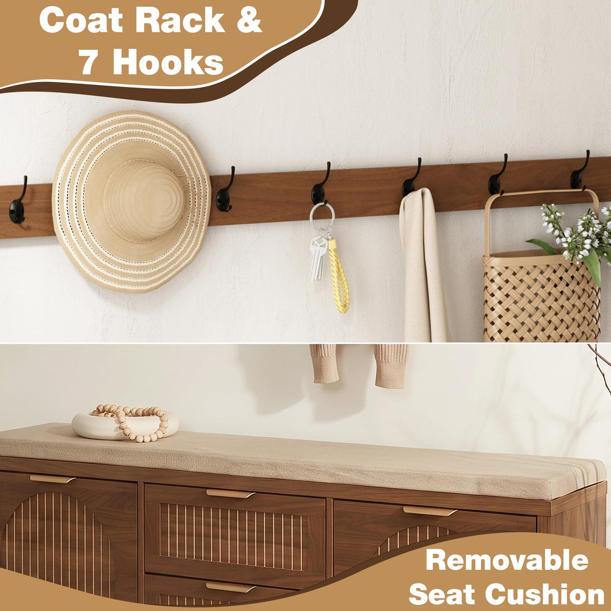 WINWY Shoe Storage Bench with Coat Rack, Flip Doors & Cushion, Walnut