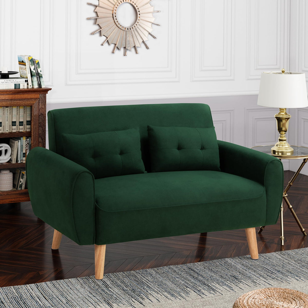 Shintenchi 48'' Loveseat Sofa, Mid-Century Modern Upholstered Couch Deep Seat with 2 Pillows, 10" Thick Cushion with Spring, Solid Wood Frame Small Couch for Living Room, Dorms & Office, Green