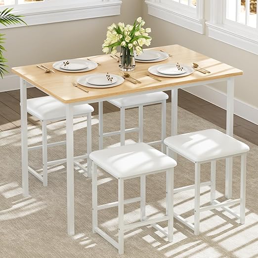 5-Piece Faux Marble Dining Table Set with 4 PU Stools