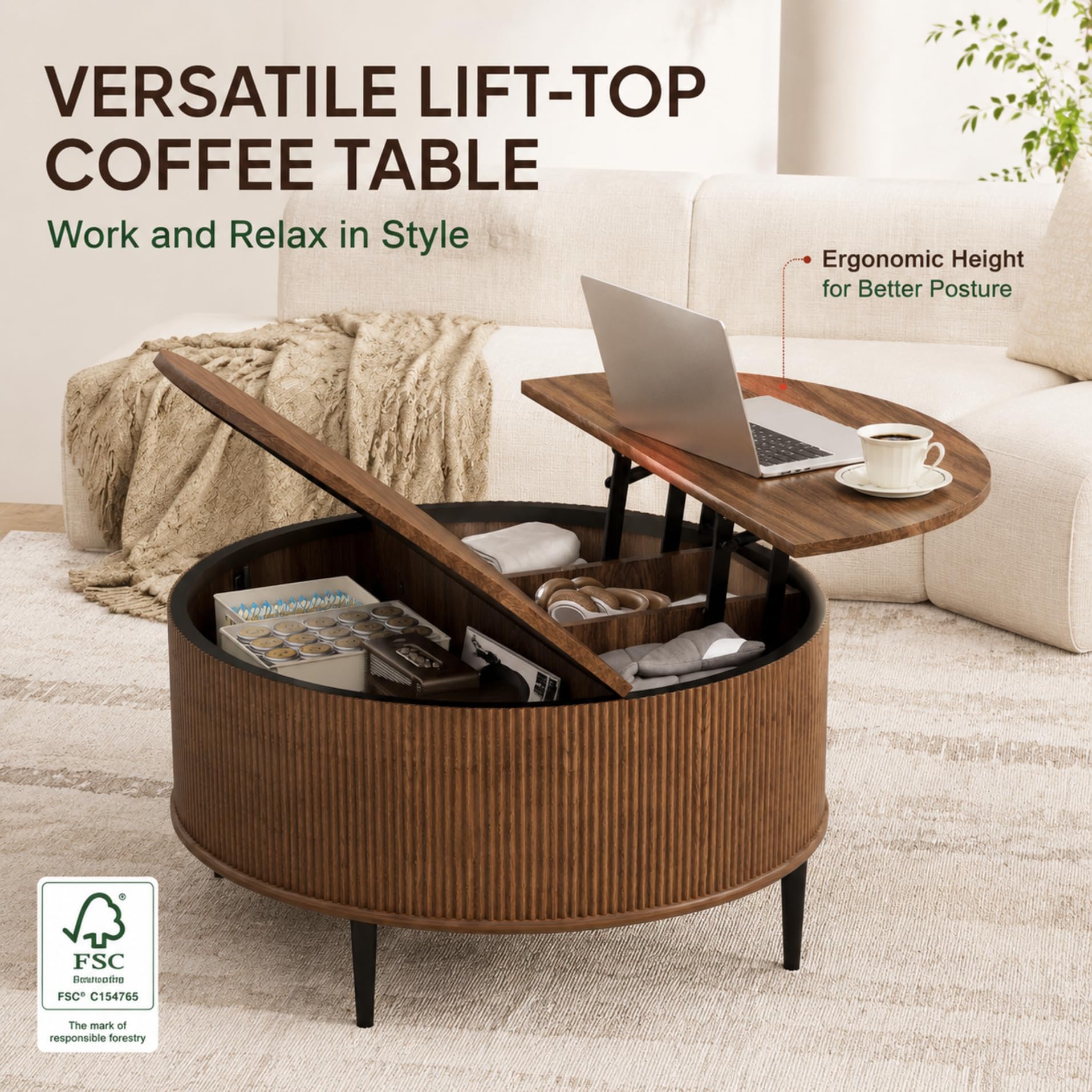 Yechen 31.5" Round Coffee Table with Storage,Fluted Lift Top Center Table, Midcentury Modern Flip-top Curved Table for Living Room,Walnut