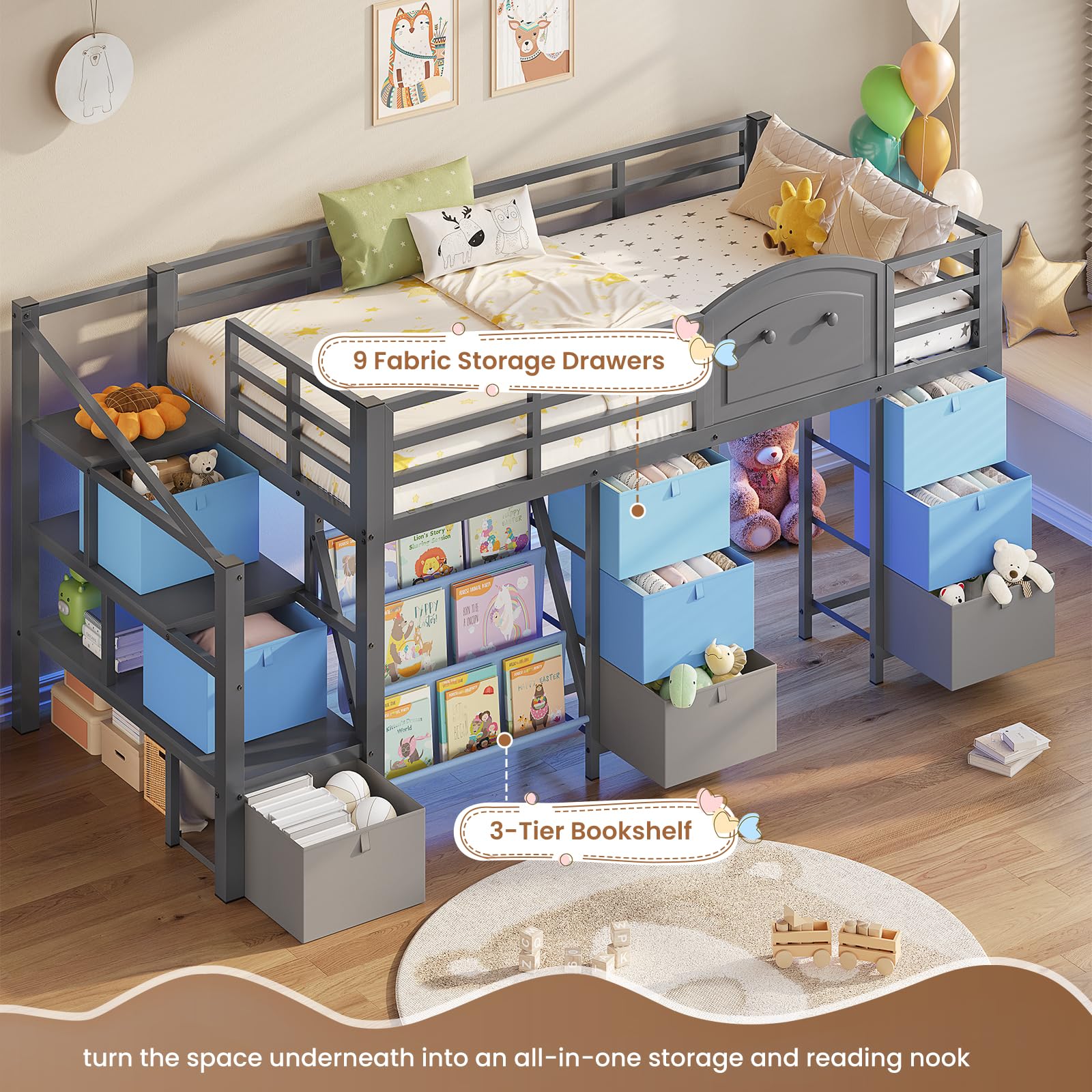 Kids Low Loft Bed Twin with Storage Drawers, LED Lights & Playhouse