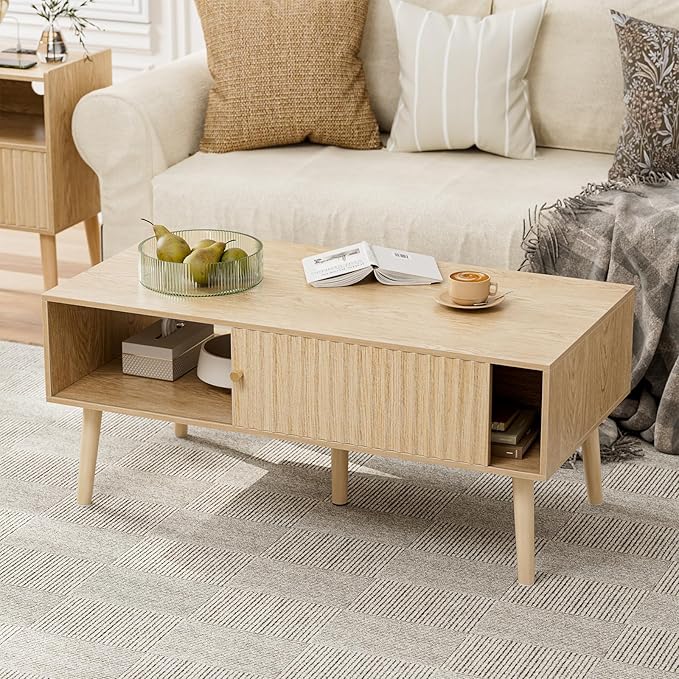 Mid-Century Fluted Coffee Table with Storage