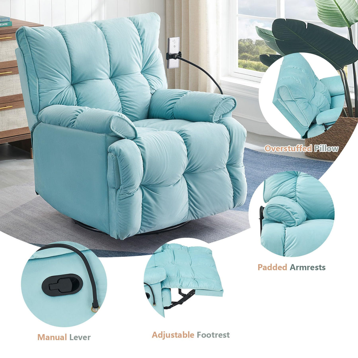Velvet Recliner Chairs for Adults & Lazy Recliner Chair, Adjustable Backrest, Phone Stand, Suitable for Small Spaces, Living Room (Cyan)