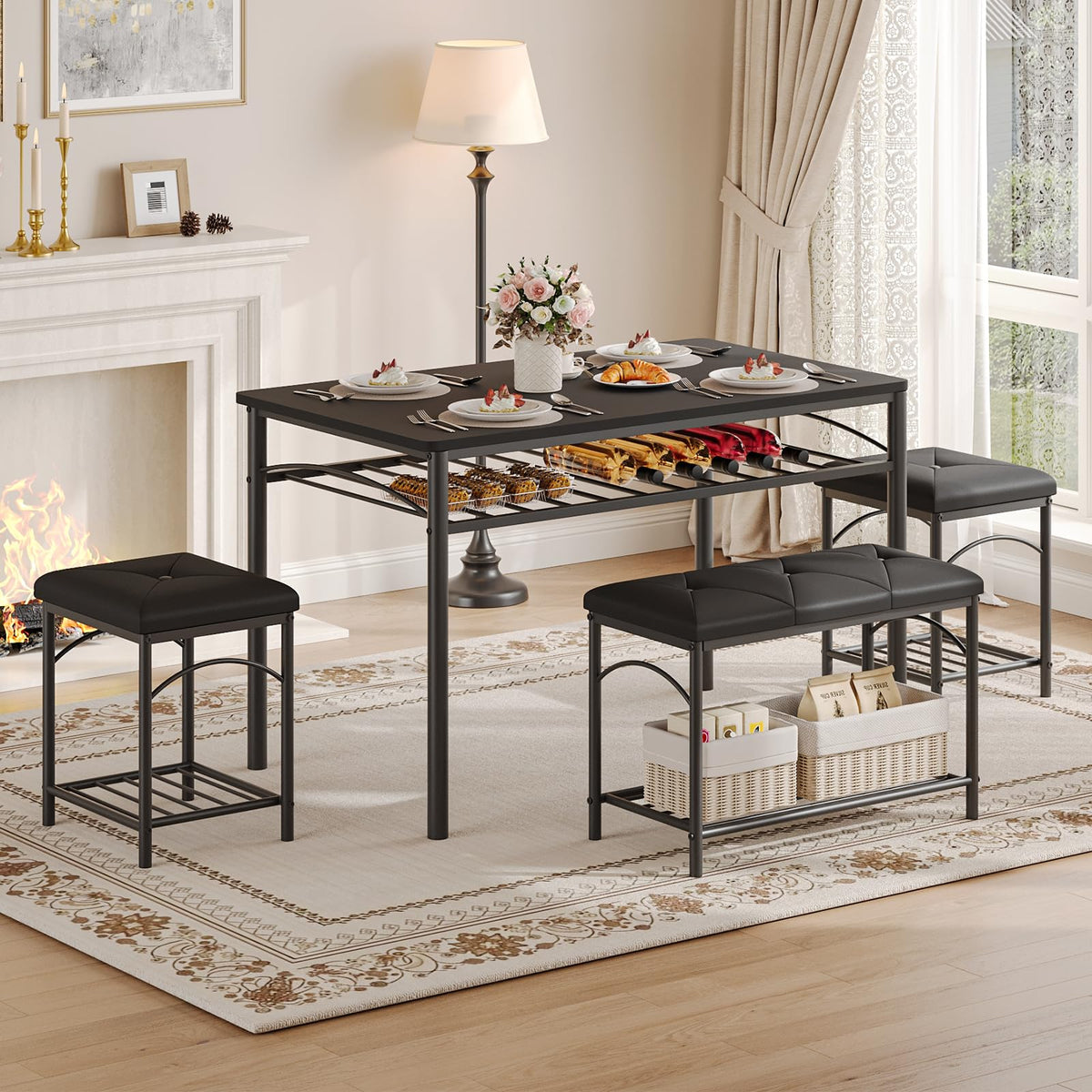 Dining Table Set with Bench & 2 Stools
