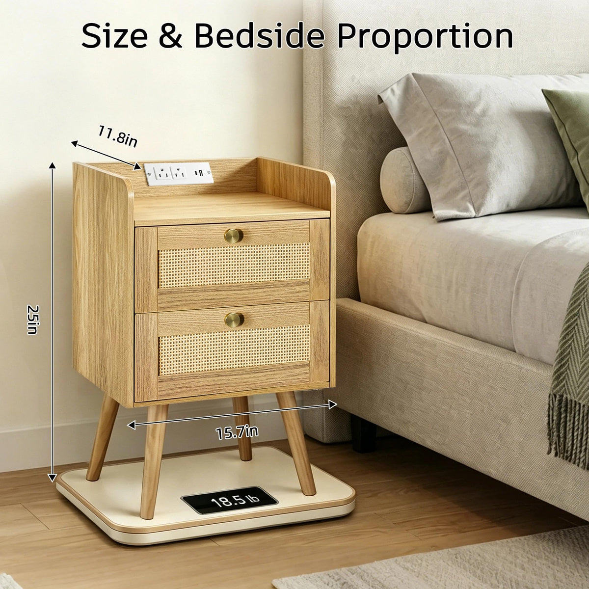 Rattan Nightstands with Charging Station, Set of 2