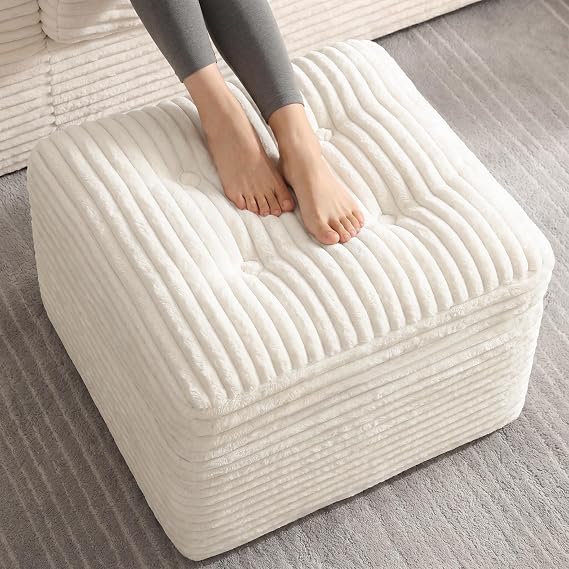 Corduroy Pouf Ottoman with Dual-Layer Support