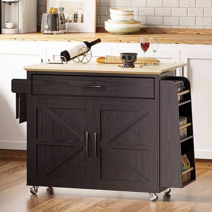 Kitchen Island Cart with Storage & Power Outlet