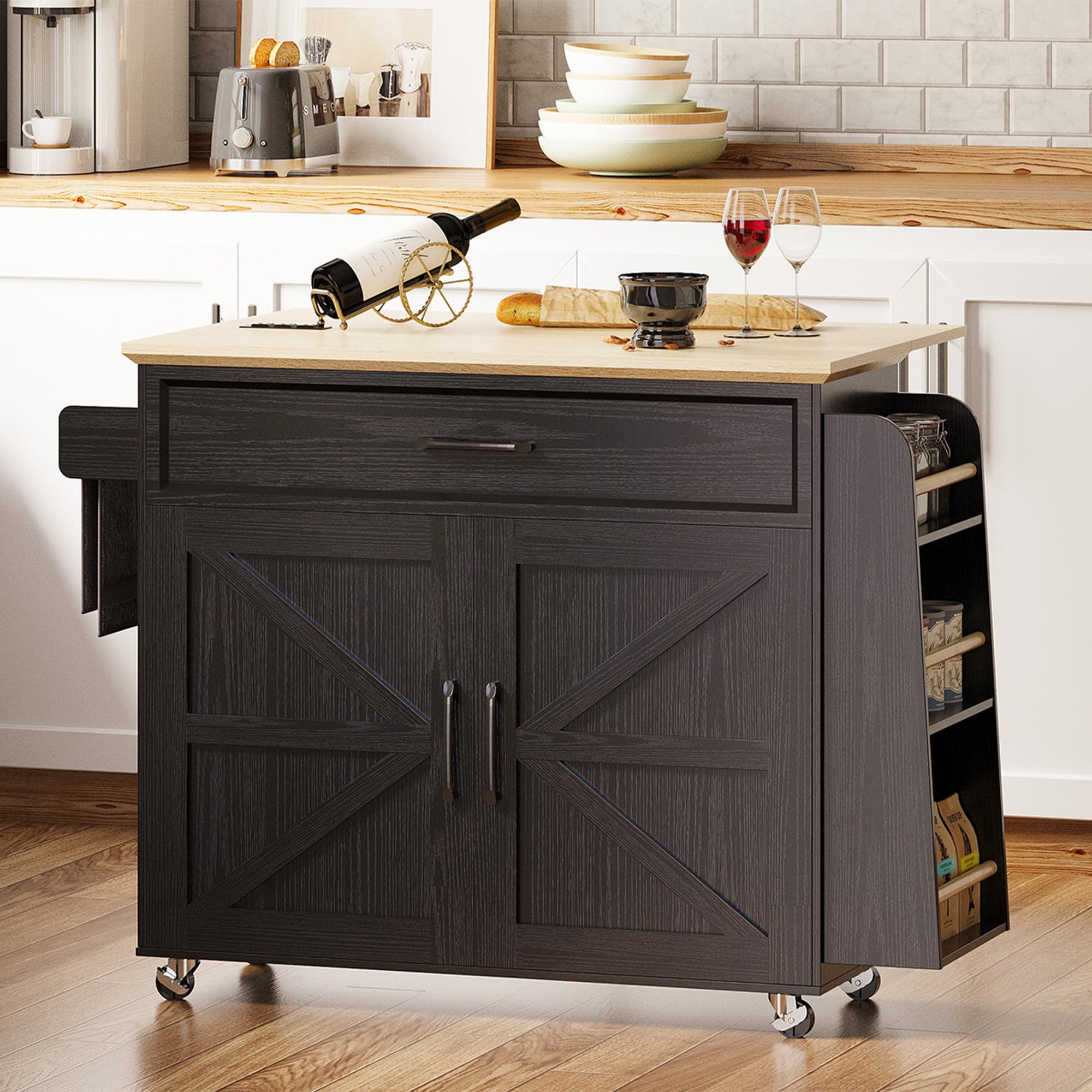 Kitchen Island Cart with Storage & Drop Leaf