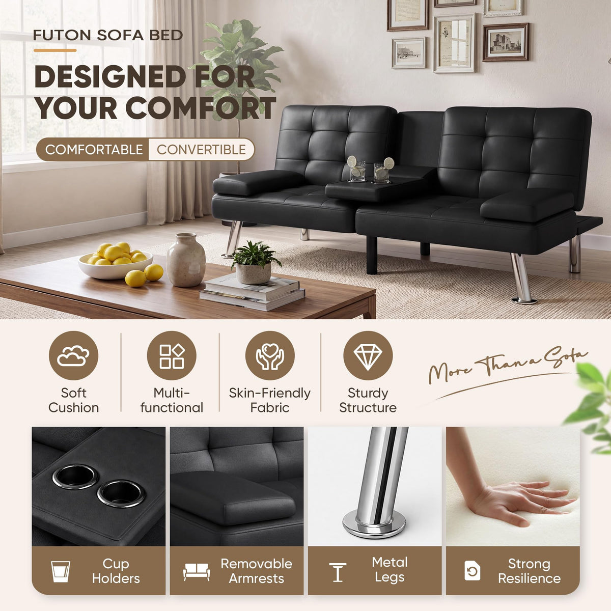 JUMMICO Faux Leather Futon Sofa Bed, Sleeper Sofa with Adjustable Backrest