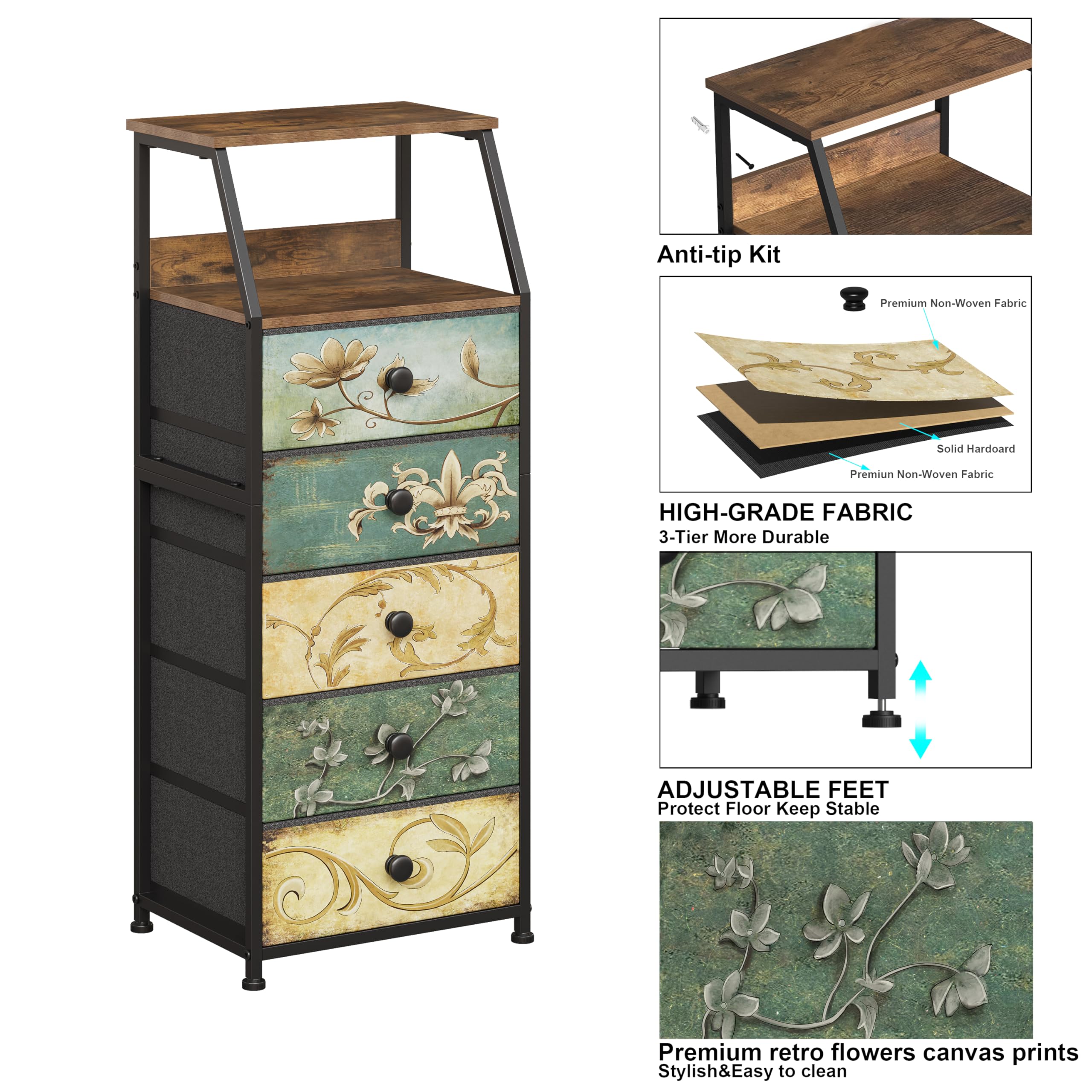 Fabric Dresser with Drawers & 2-Tier Shelf