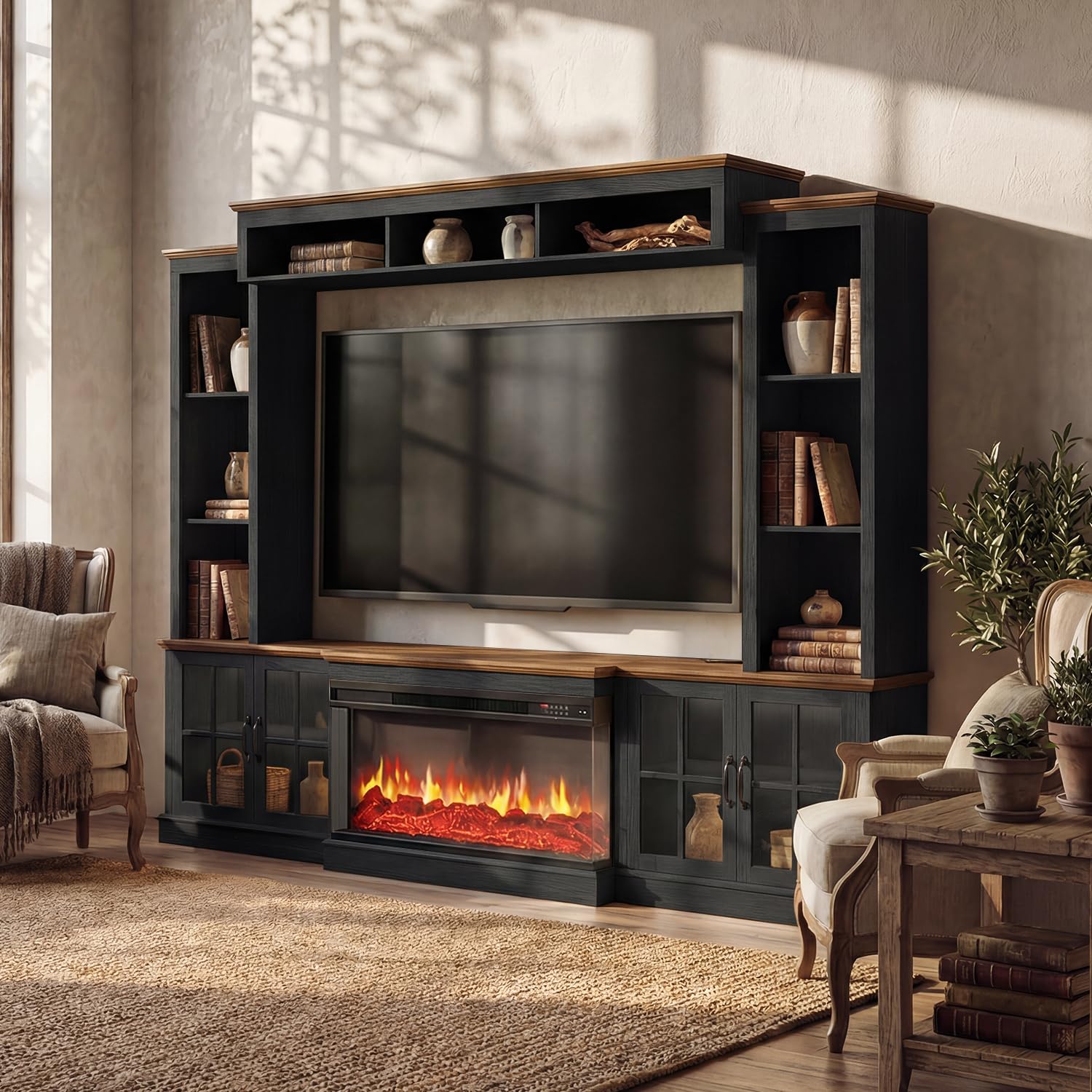 Nordivale 98" Farmhouse Fireplace TV Stand Entertainment Center with Bookshelf, Wall Unit Media Console with Power Outlets & Barn Doors, Fits TVs up to 75" for Living Room, Black