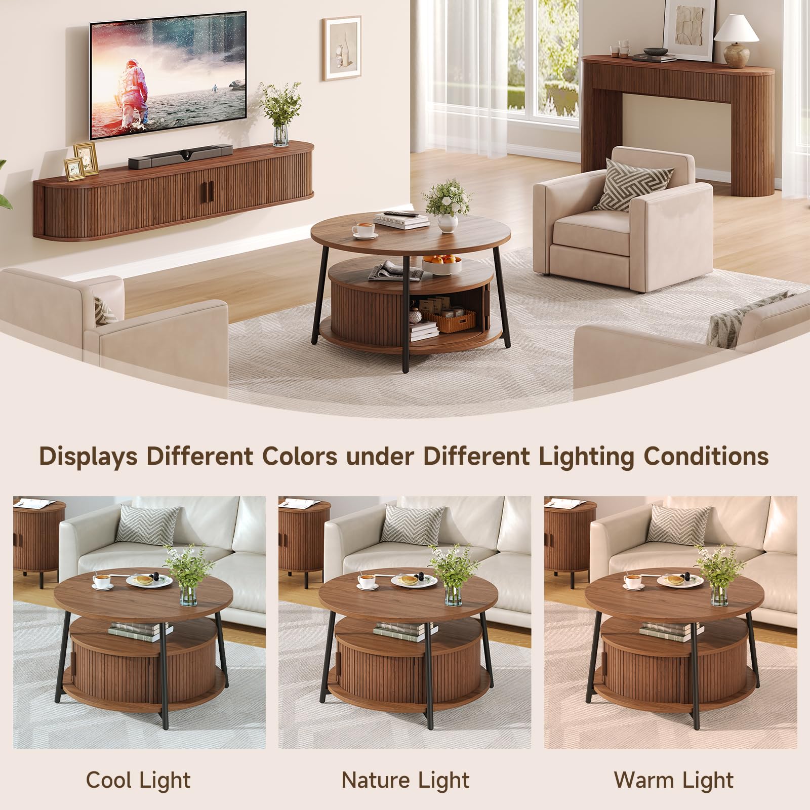 31.5 Inch Round Coffee Table with Storage, Fluted Coffee Tables with 2 Tiers, Mid-Century Modern Center Table with 2 Sliding Doors and Adjustable Footpad for Living Room, Walnut