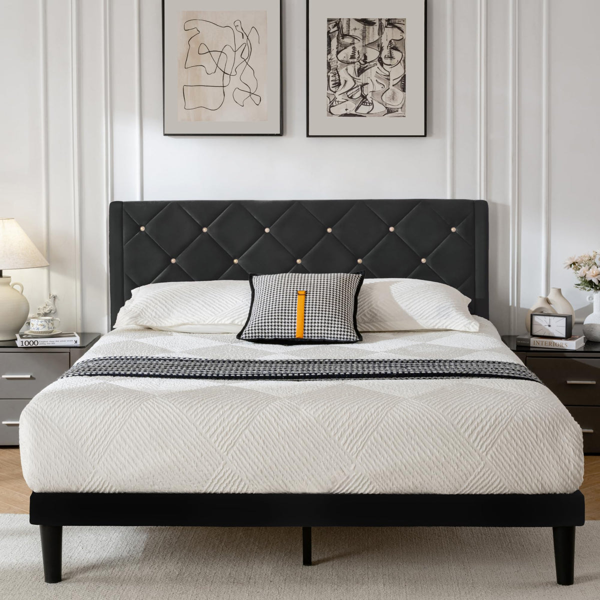 DUMGTIF Queen Size Platform Bed Frame with Velvet Headboard