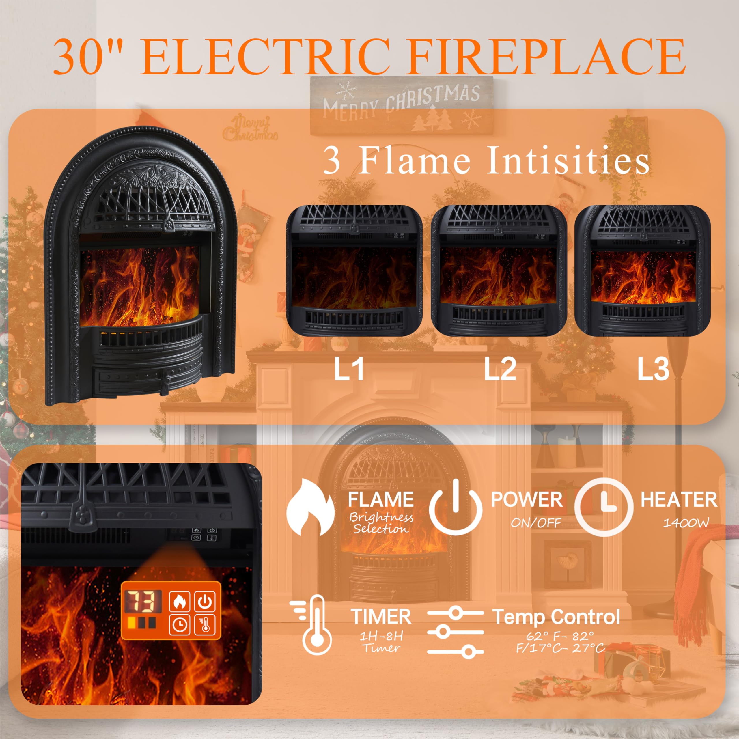 Electric Fireplace with Mantel, 76" Electric Fireplace, Birdcast Fireplaces Entertainment Center TVs Up to 90", Fireplaces TV Stand with 30" Insert Heater with 3D Flame for Living Room, 1400W/750W
