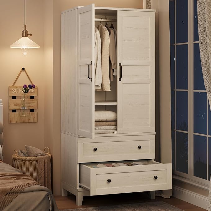 Armoire Wardrobe with 2 Drawers & Adjustable Shelves