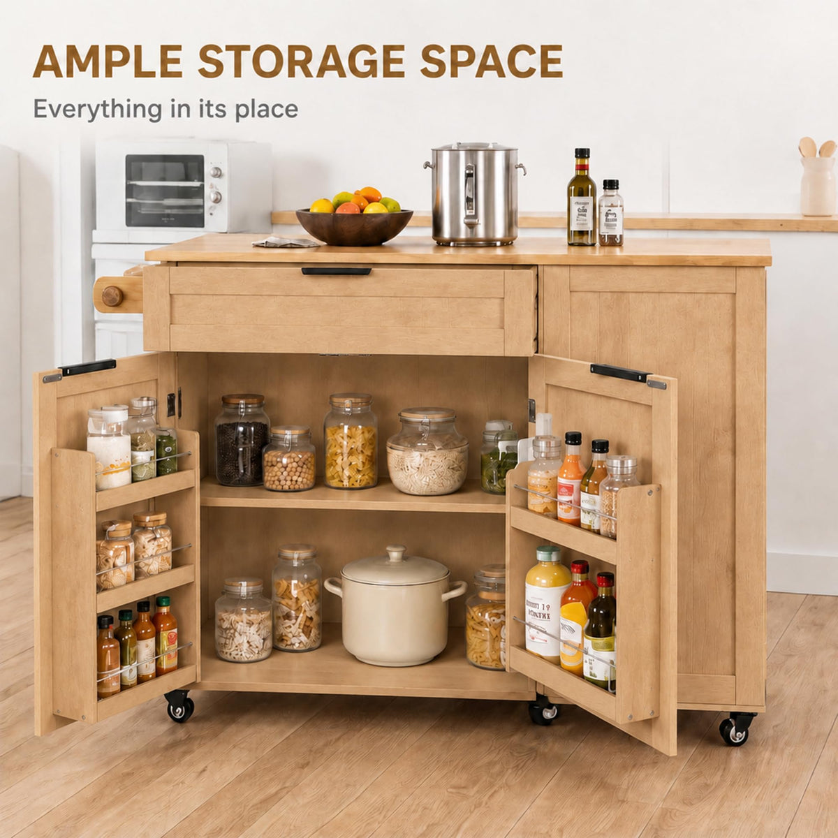 DeLutimia Rolling Kitchen Island Cart with Storage Wood Top Oak