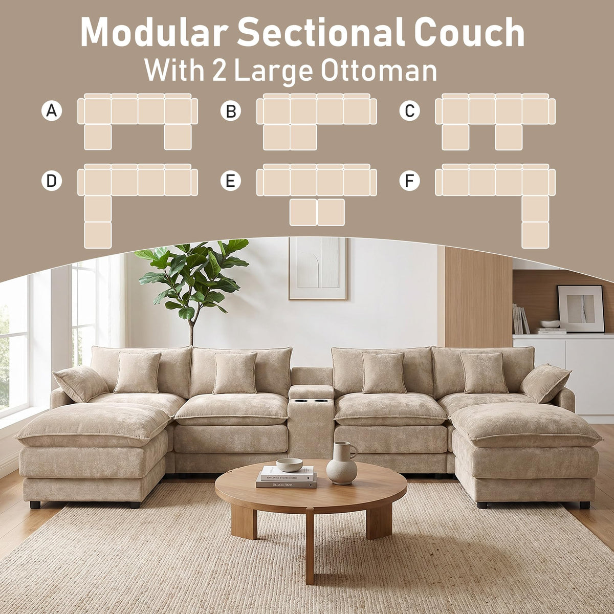 ONEMMLION 163" Oversized Cloud Sectional Couch for Living Room, Light Brown