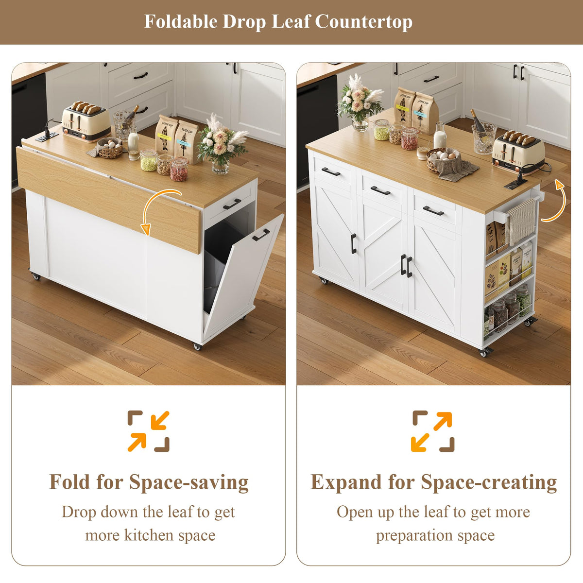 FINETONES Kitchen Island with Trash Can Storage and Power Outlet, White