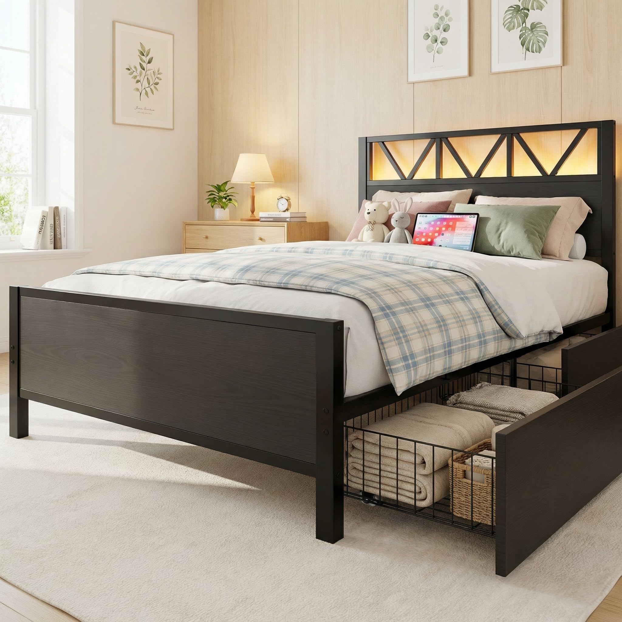 Twin Bed Frame with Storage Drawers, RGB Lighting & Charging Station
