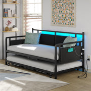 Furniouse Daybed with Charging Station and LED Lights, Twin Daybed with Trundle, Metal Bed Frame with Steel Slat Support for Bedroom, Guest Room, Living Room Black