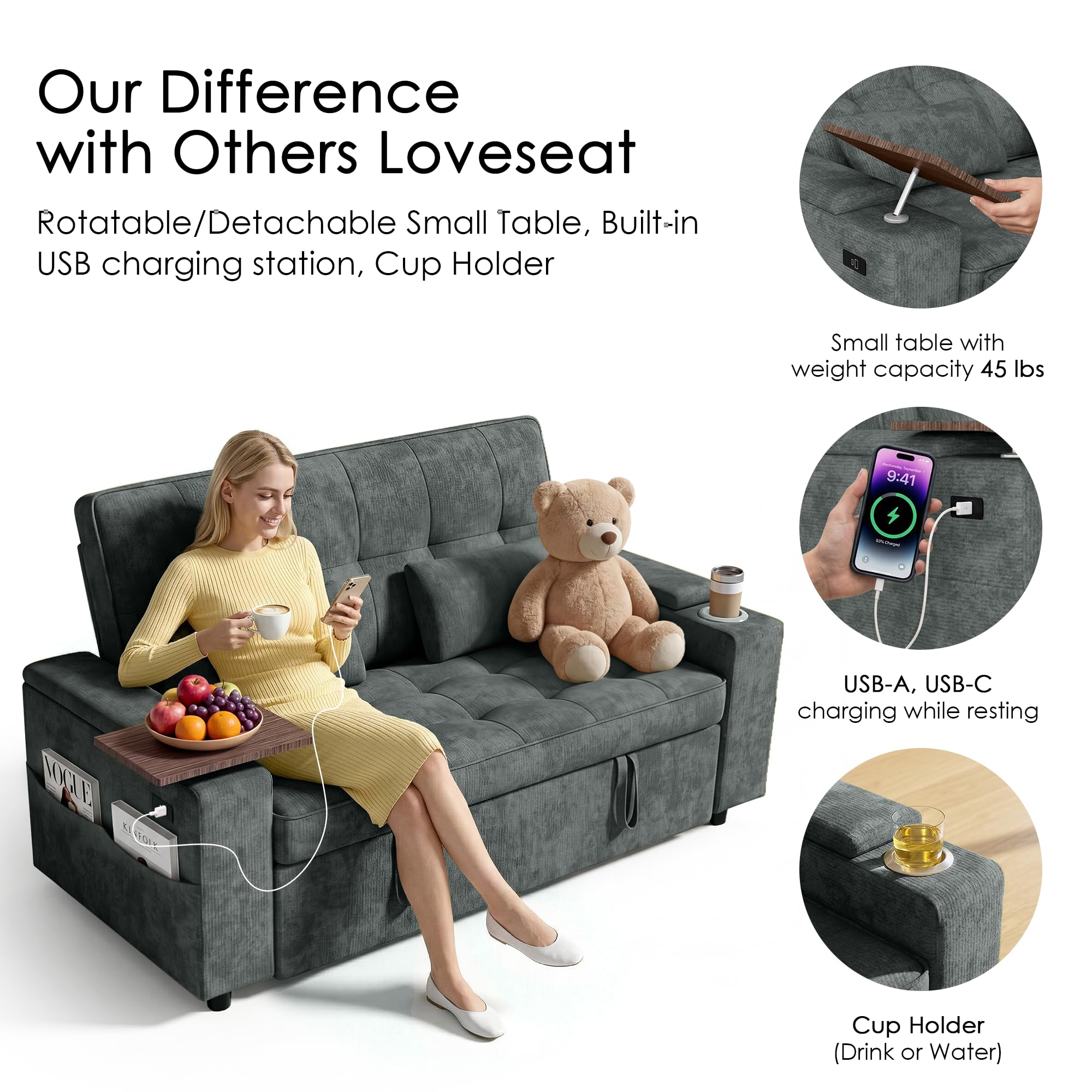 Convertible Sleeper Sofa Bed with USB Charging & Storage
