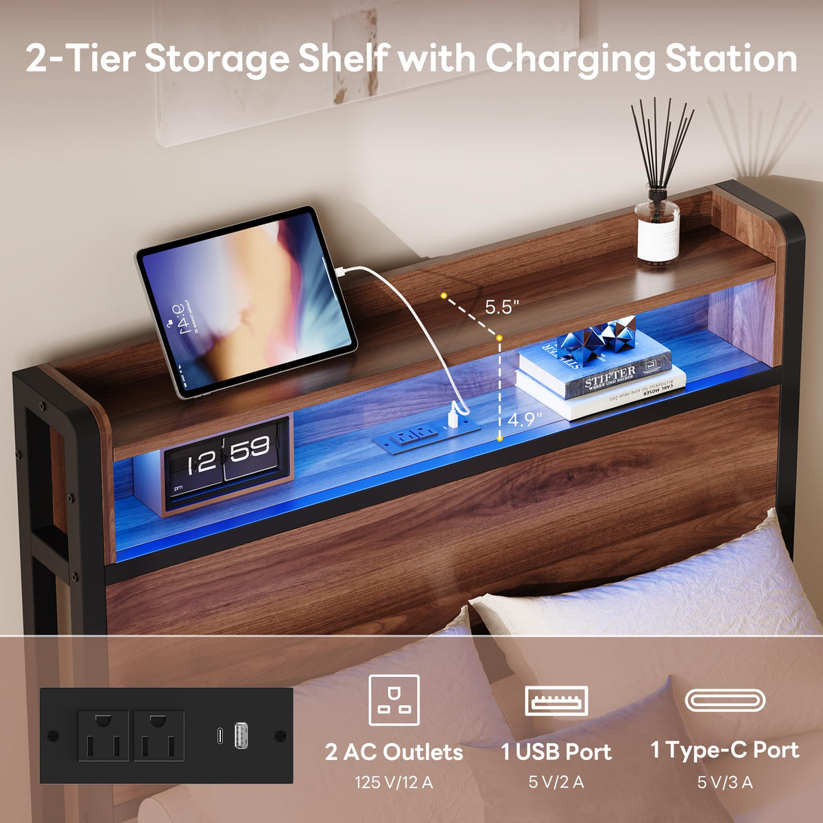 LIKIMIO Twin XL Bed Frames with 2 Large Drawers, Charging Station & RGB LED