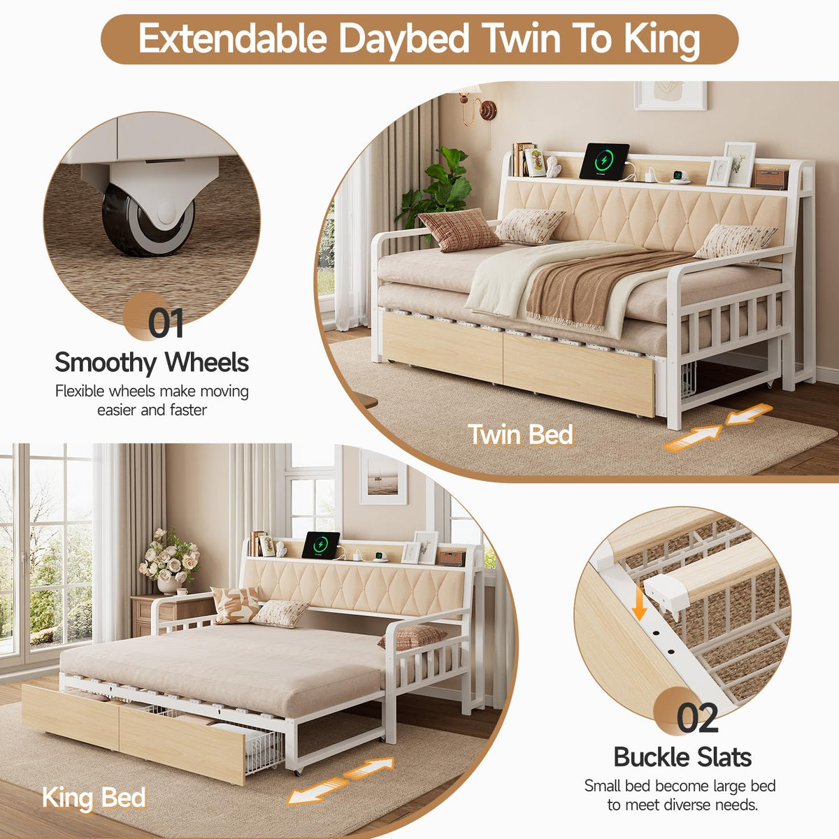 ComfyCorner Twin to King Daybed, Convertible Sofa Bed with Trundle, White
