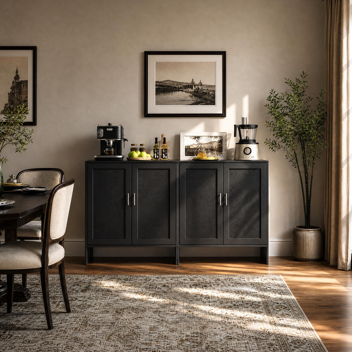 DHZ Buffet Storage Cabinet, Farmhouse Sideboard with Black Rattan Doors & Adjustable Shelf, 31.5" Narrow Coffee Bar Cabinet, Kitchen Storage Credenza, Entryway Accent Liquor Cabinet