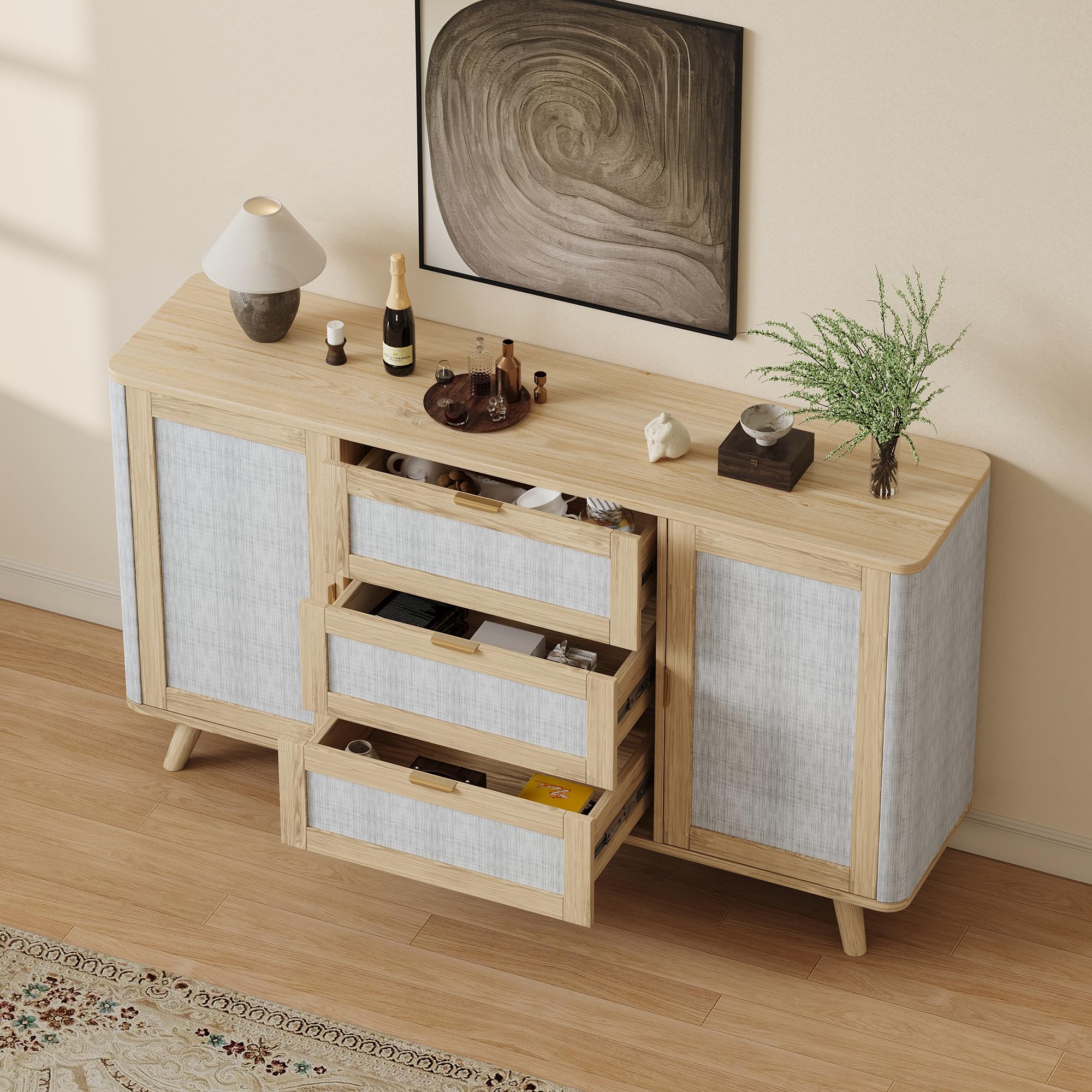 FAVSH 63" Large Farmhouse Storage Cabinet with 3 Drawers 2 Doors, Wood Buffet Sideboard Cabinet Coffee Bar for Kitchen, Living Room