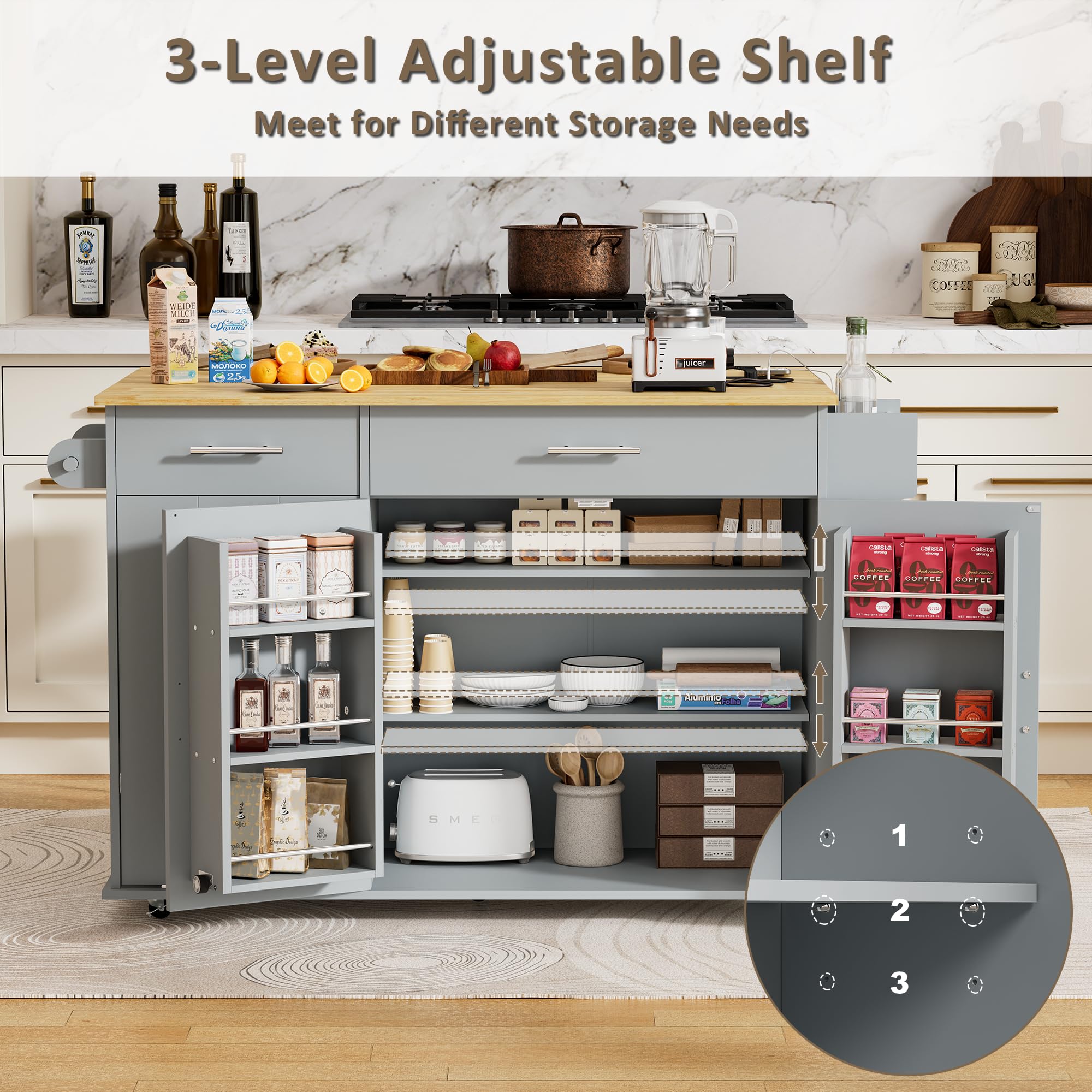 Rolling Kitchen Island with Trash Can Storage & Drop Leaf
