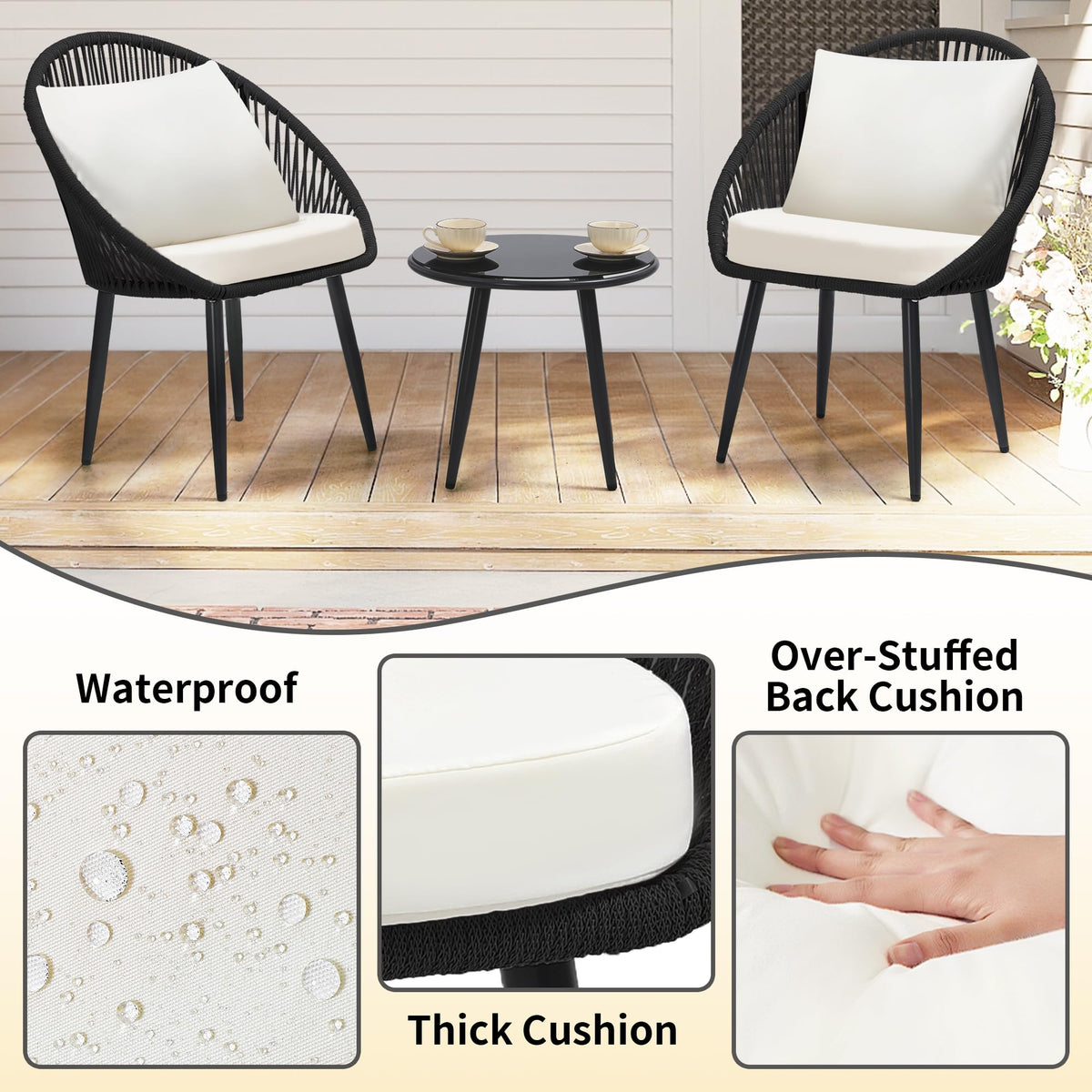 wildformers 3-Piece Bistro Set, Woven Rope Chair with Cushions, Black