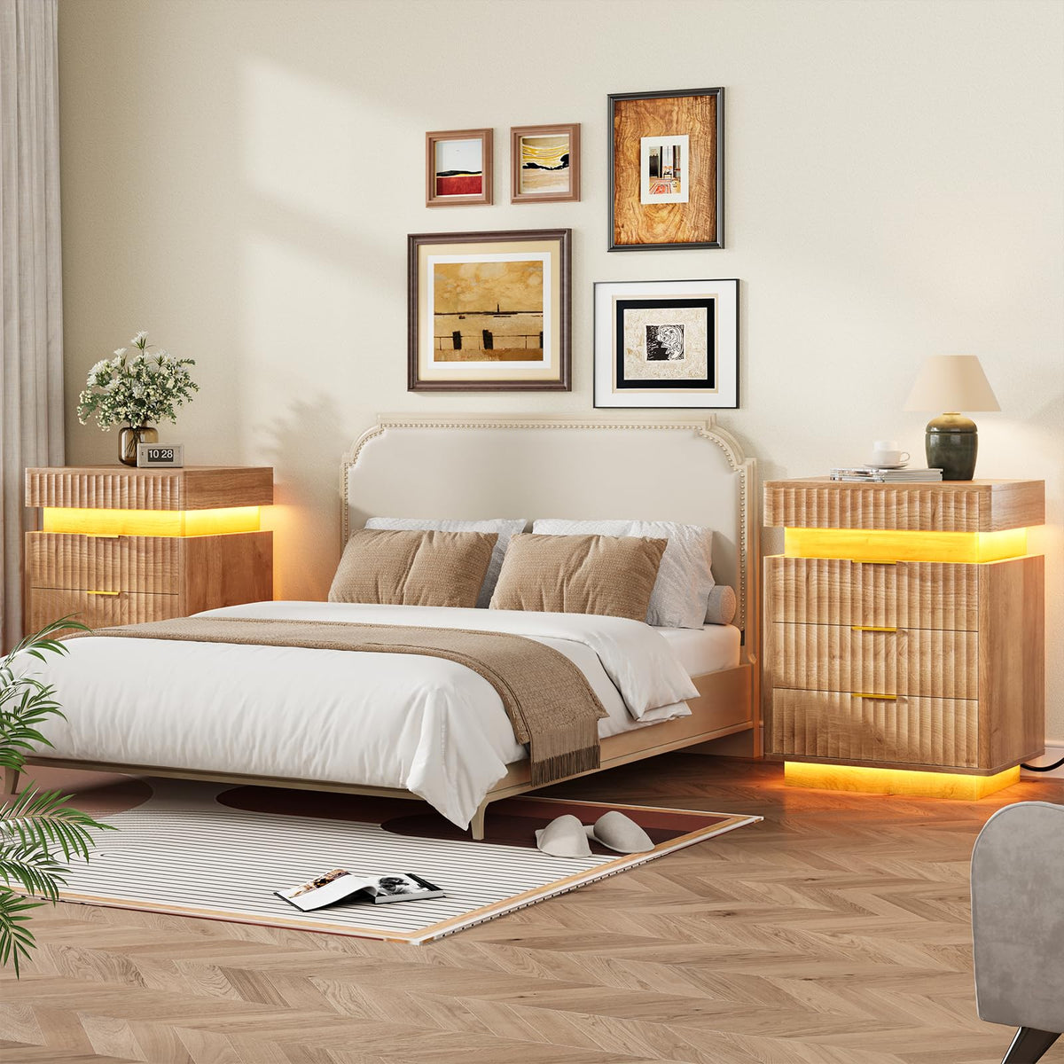 Fluted LED Nightstand with Charging Station