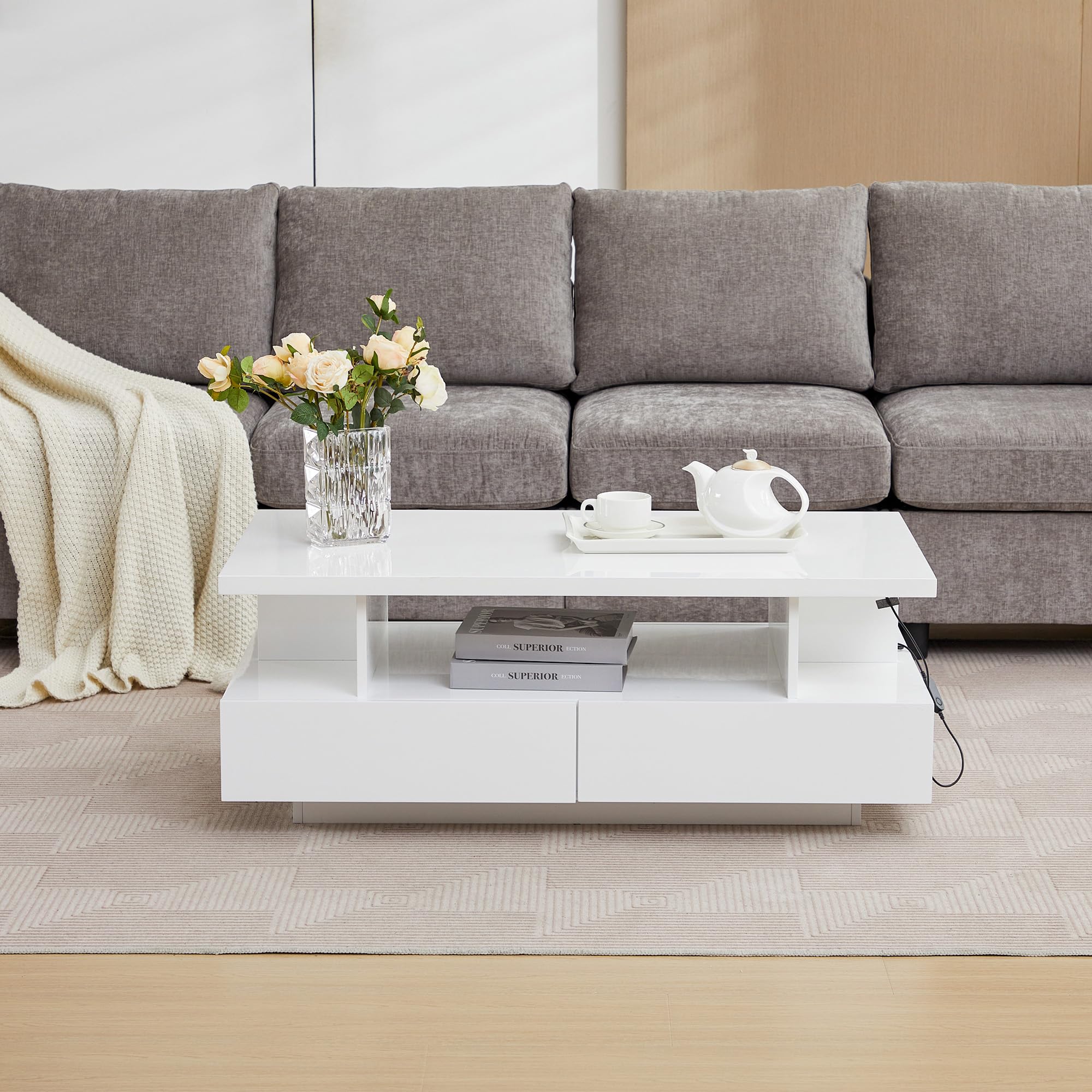 Tltaroni LED Coffee Table, Modern High Glossy Living Room Table with 4 Drawers and Open Display Shelf Wood Rectangle Center Tables with Storage for Living Room, White