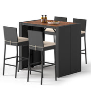 5-Piece Outdoor Wicker Patio Bar Set with Acacia Wood Table & Cushioned Stools