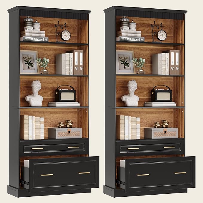 White 5-Shelf Bookcase Set with Drawers