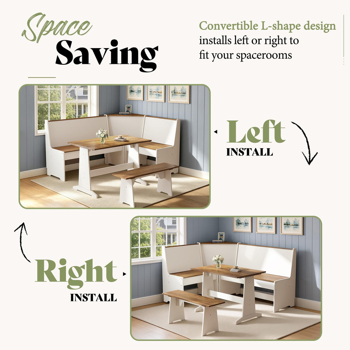 AMERLIFE 3-Piece Corner Dining Set with Hidden Storage, White & Barnwood