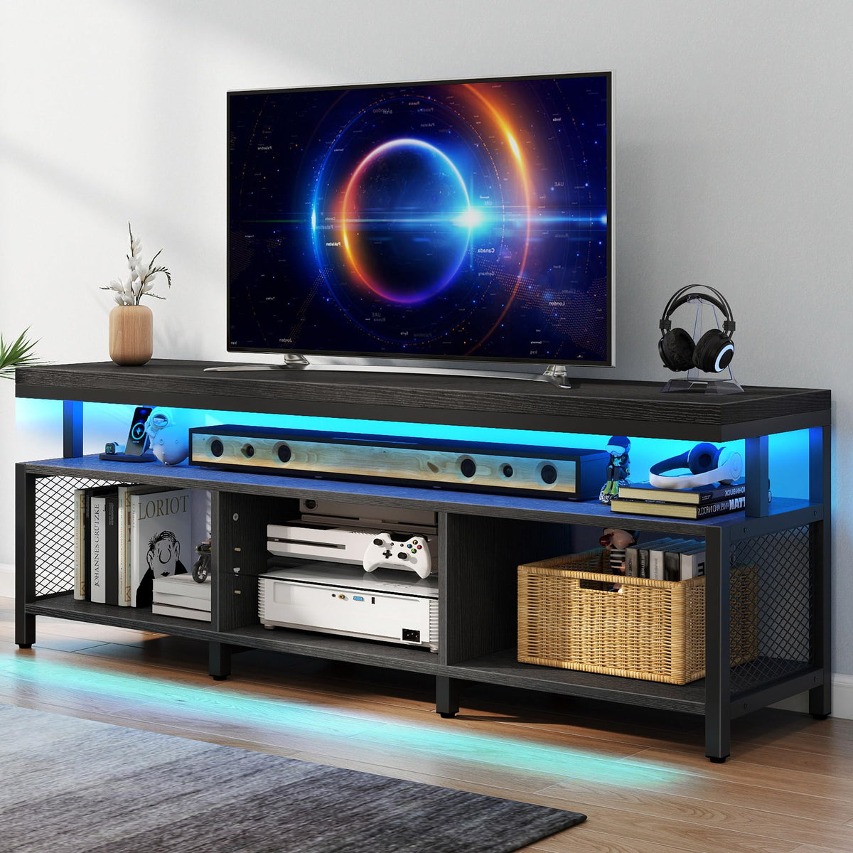 Black LED TV Stand with Power Outlets