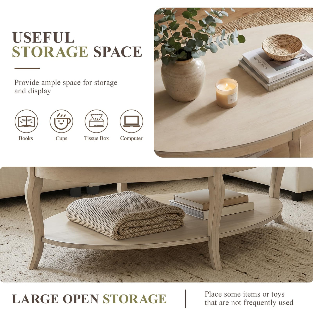 Oval Solid Wood Coffee Table with Storage