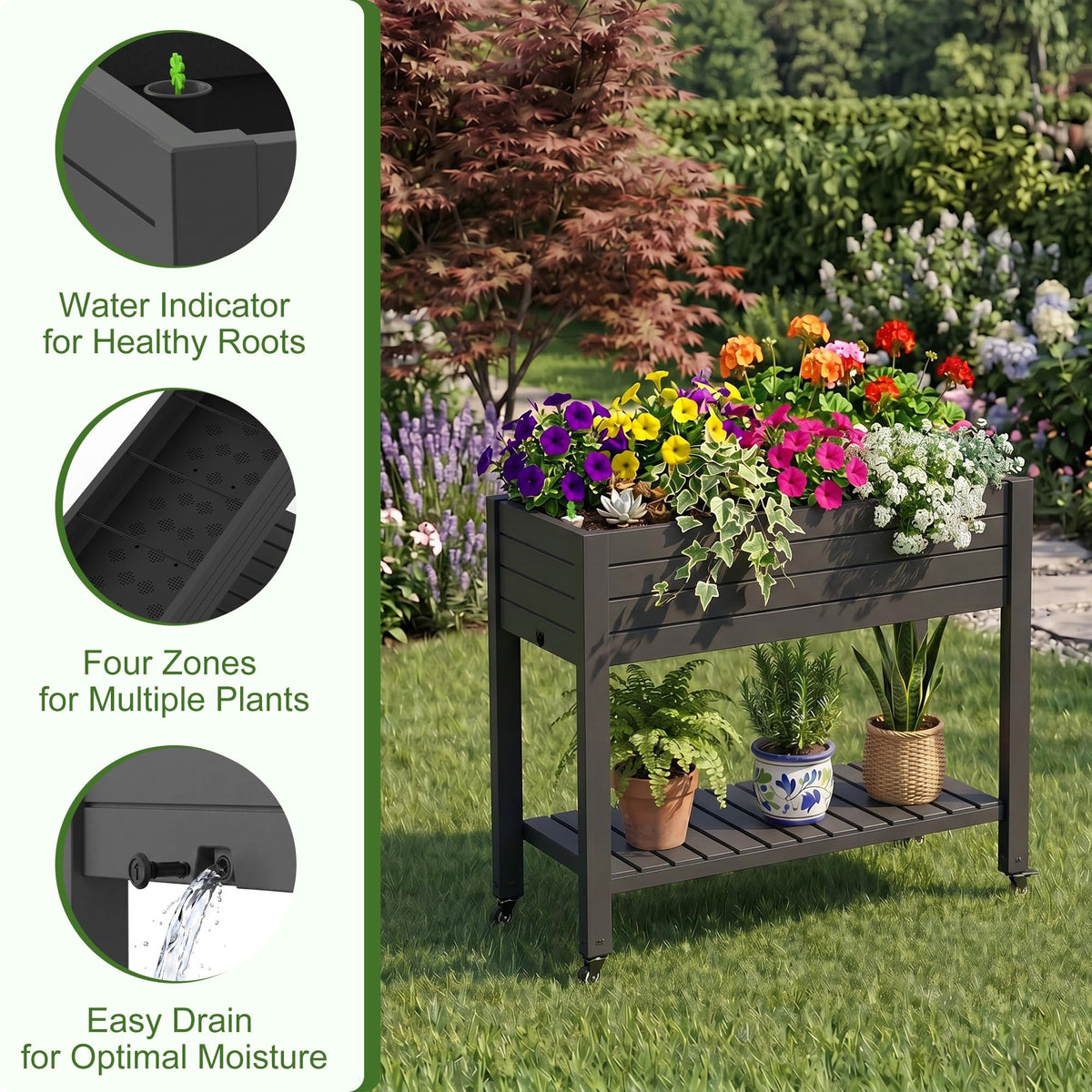 EFU Raised Garden Beds Outdoor, with Wheels & Extra Storage Shelf