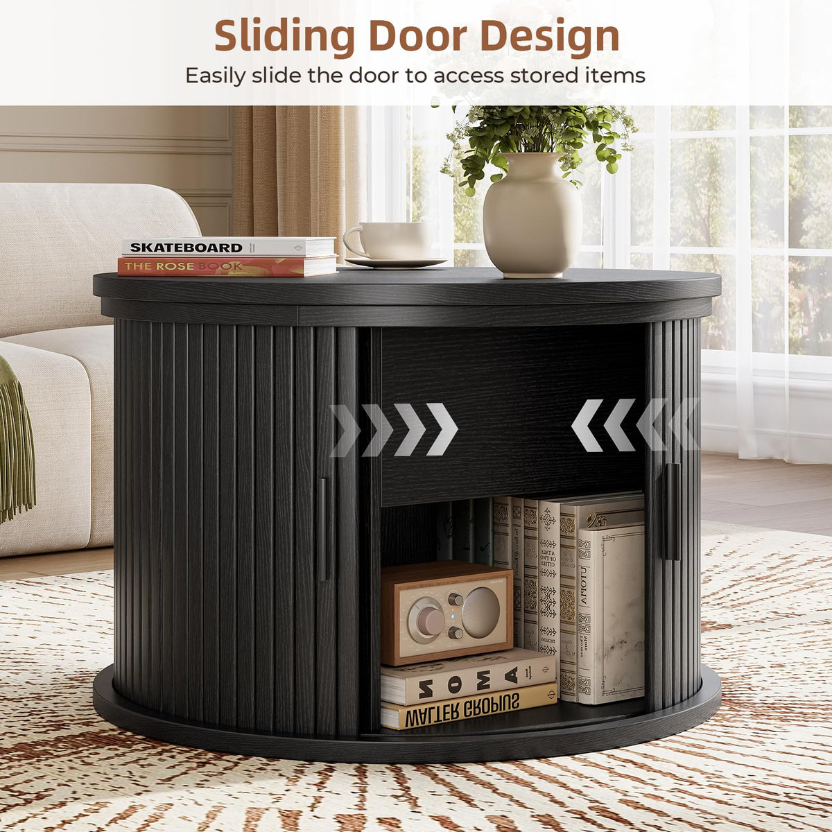 Hizyrina Round Lift Top Coffee Table, 23.6" Fluted Drum Coffee Table with Large Hidden Storage for Living Room, Center Table with Sliding Rolling Door for Small Spaces, Apartment, Home Office, Black