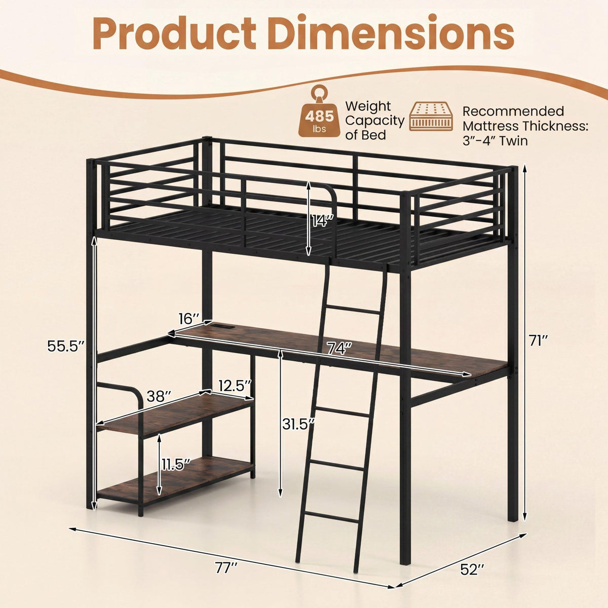 GIANTEX Twin Loft Bed with Desk & Charging Station, Industrial Metal Bed Frame w/Inclined Ladder, Safety Guardrail & Storage Shelves for Kids, Teens, Bedroom, Dorm, Space-Saving, No Box Spring Needed