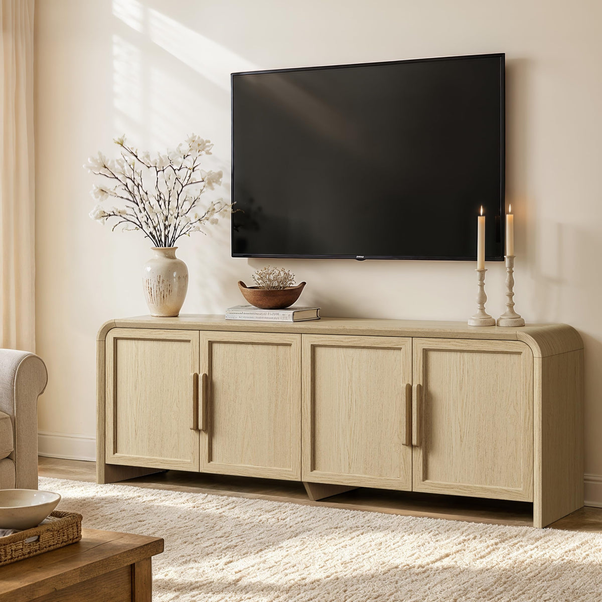 Orvesino 65" Mid Century Modern TV Stand with Storage for 75" TV, Curved Edges Thicker Wood TV Consoles with 4 Doors,Cable Management, Entertainment Center for Living Room/Bedroom,Light Oak