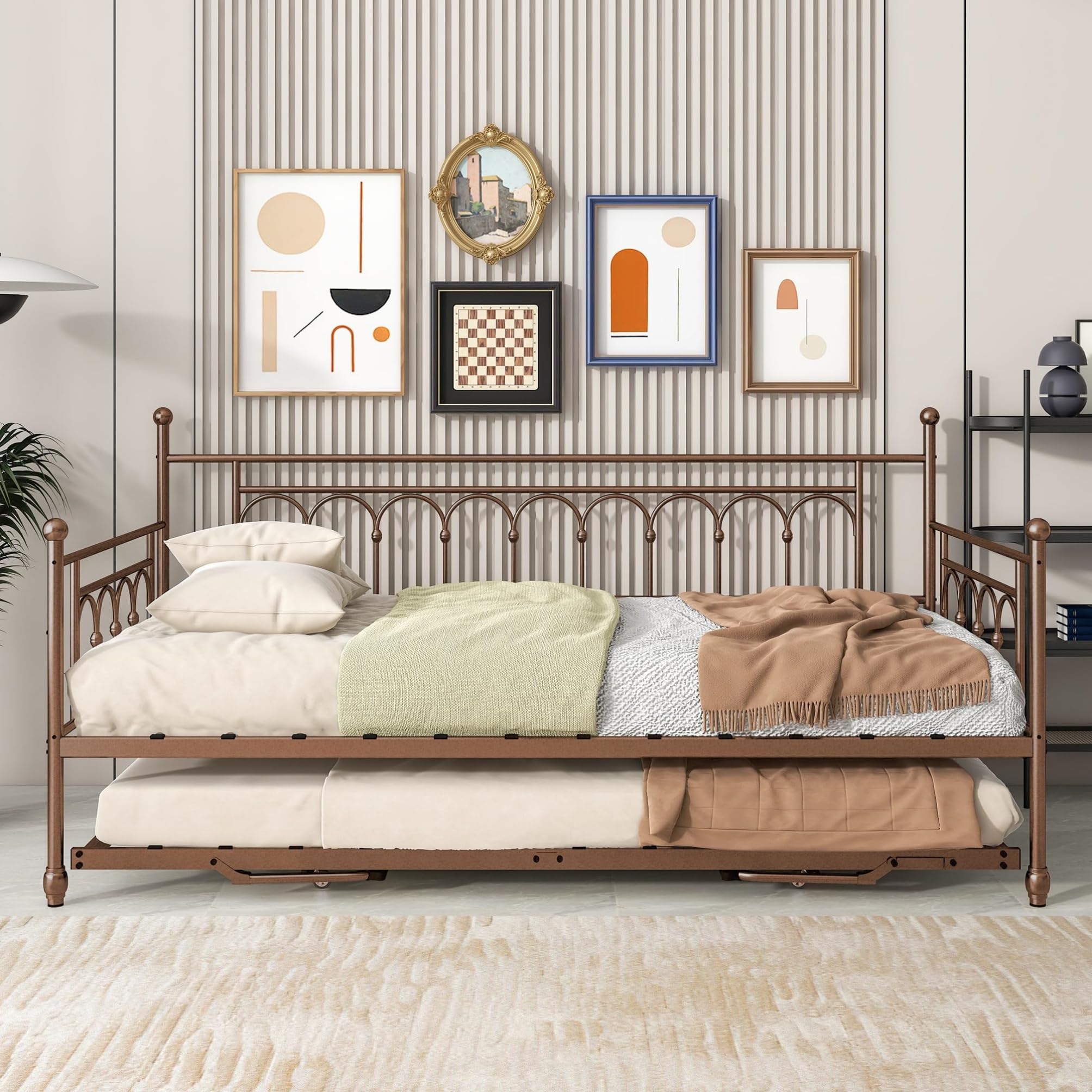 FULLJOJOR Metal Twin Daybed with Trundle, Stylish Day Bed with Trundle Bed Twin, Versatile Daybeds and Fold-Up Trundle Set for Guest Room, Home Office Twin Trundle Bed Frame,Bronze
