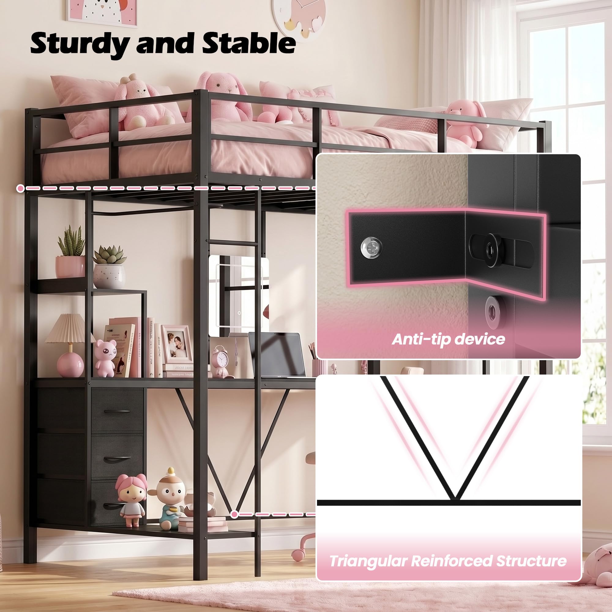 FUQARHY Twin Size Loft Bed with Desk, Bunk Bed with Storage Drawers Underneath, Metal Loft Bed Twin with Vanity, No Box Spring Needed (Black)